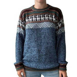 Peruvian Unisex Alpaca Fair Isle Blue Soft Crewneck Sweater Sz L